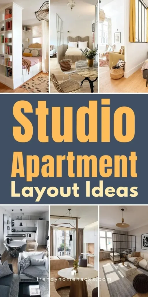 Studio apartment layout ideas showing how to create separate zones for sleeping, living, and dining in a small open-plan space