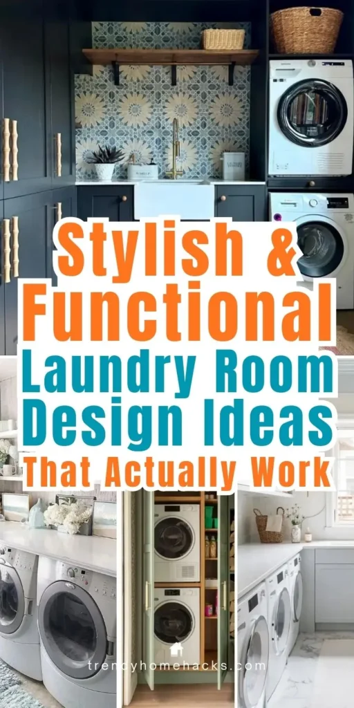 Collage of stylish and functional laundry room design ideas featuring built-in cabinetry, farmhouse sinks, stacked washer and dryer units, patterned tile, smart storage solutions, and space-saving laundry room layouts.