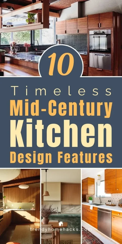 Mid-century modern kitchen with warm wood cabinetry, clean lines, retro tile backsplash, and minimalist design features.