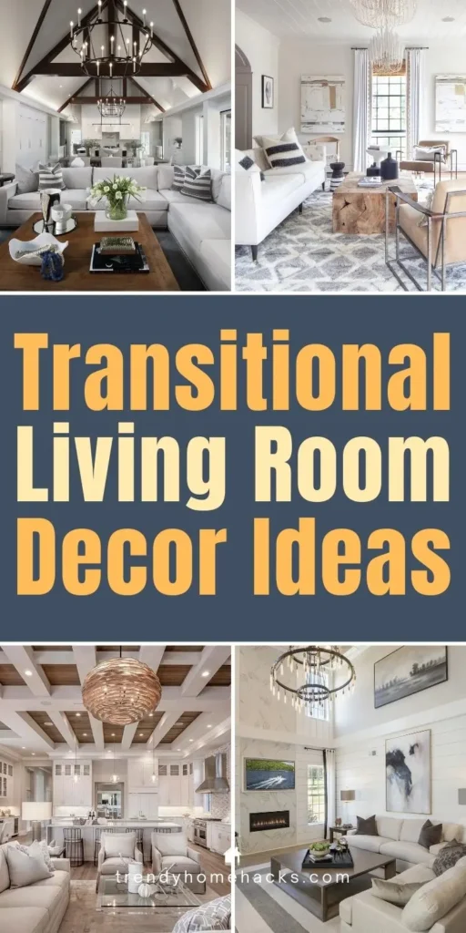 Transitional living room decor featuring neutral sofas, elegant accent furniture, layered textures, and modern lighting that blend classic and contemporary style.