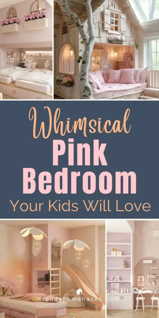 Collage of whimsical pink bedroom ideas for kids featuring soft pastel tones, fairy-tale playhouse beds, cozy reading nooks, playful slides, and charming pink decor designed for imaginative children’s spaces.