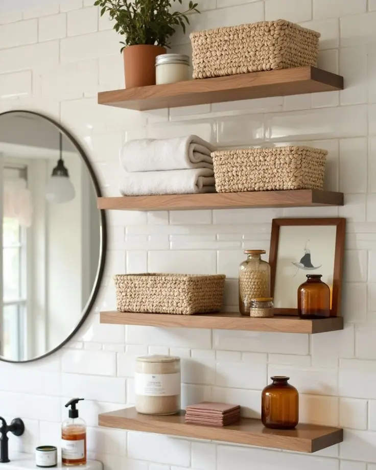 Bathroom open shelving with woven storage baskets, folded towels, wood floating shelves, and white subway tile wall.