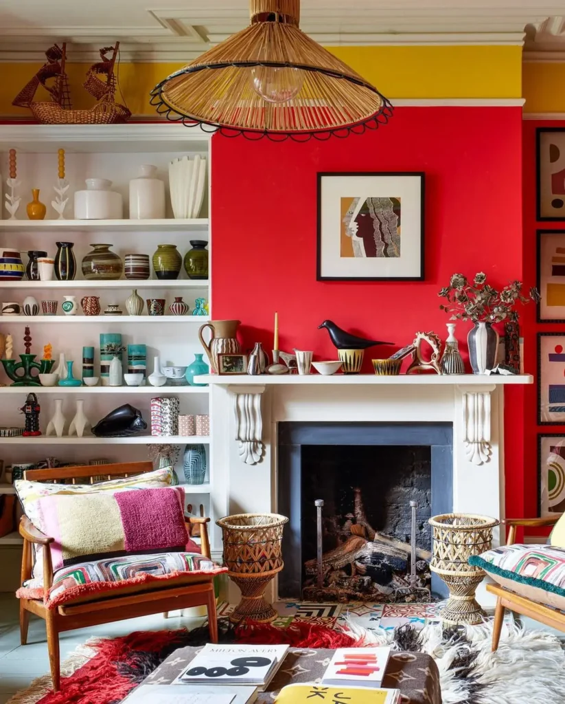 Colorful eclectic living room with bold red accent wall, white fireplace mantel, open shelving, and layered vintage decor.