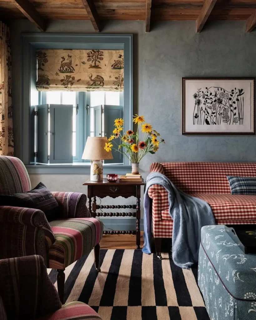 Eclectic living room decor with layered textiles, patterned armchairs, a gingham sofa, and rustic wood ceiling beams.