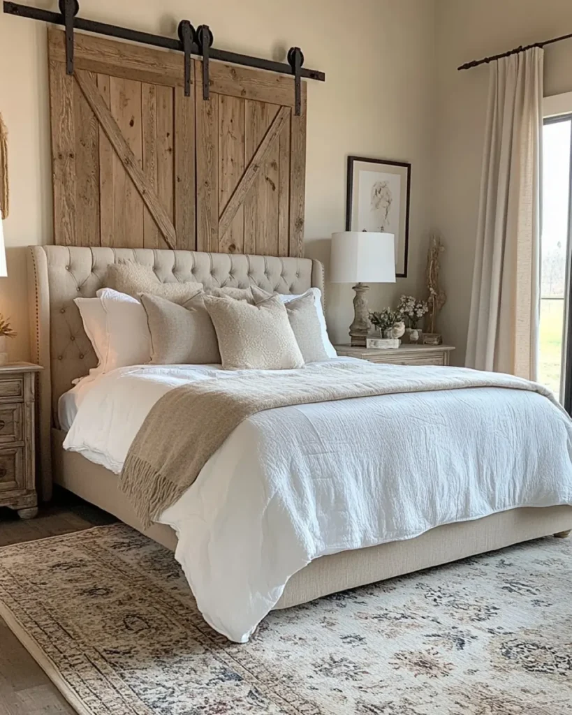 Elegant rustic bedroom featuring a tufted upholstered bed, white layered bedding, and sliding barn doors used as a warm wood headboard backdrop.