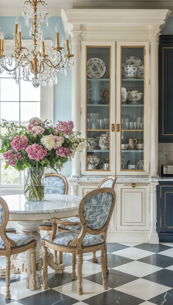 Elegant kitchen with a French country flair, featuring a checkered floor, marble table, floral centerpiece, upholstered chairs, glass-front cabinet displaying dishes, and gold chandelier in a classic neutral color palette.