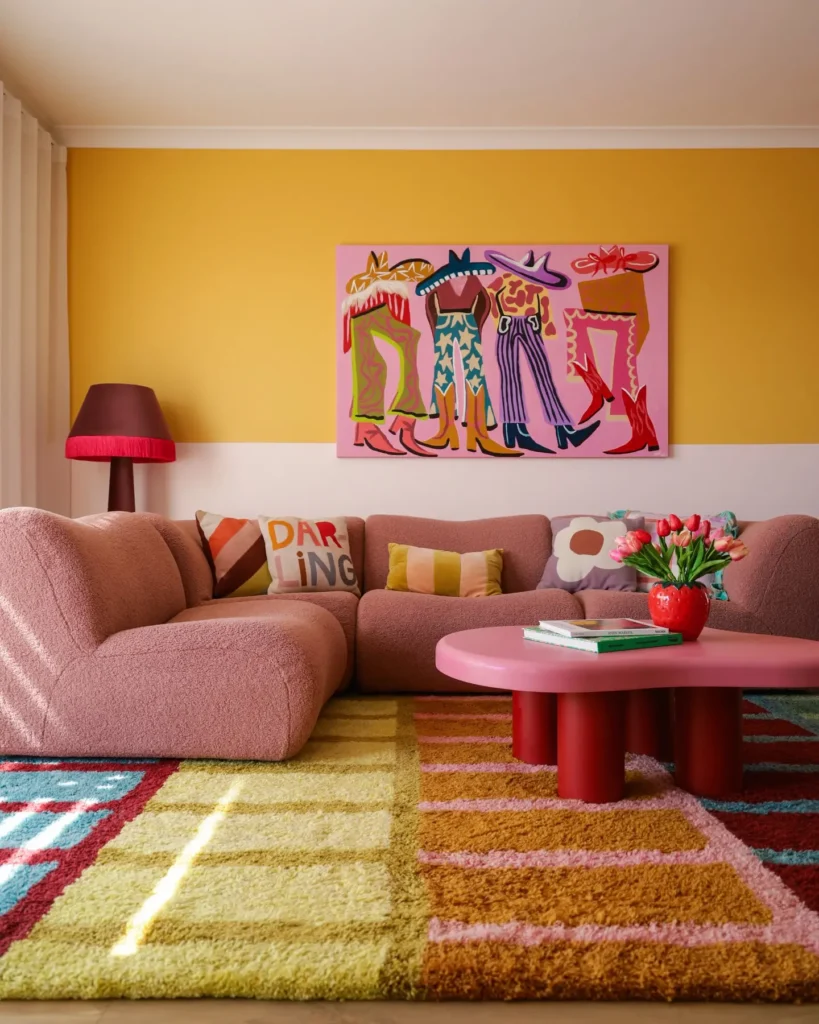A funky, colorful living room with a pink sectional sofa, patterned pillows, a pink coffee table, a yellow and red rug, and a vibrant art piece on a yellow and white wall.