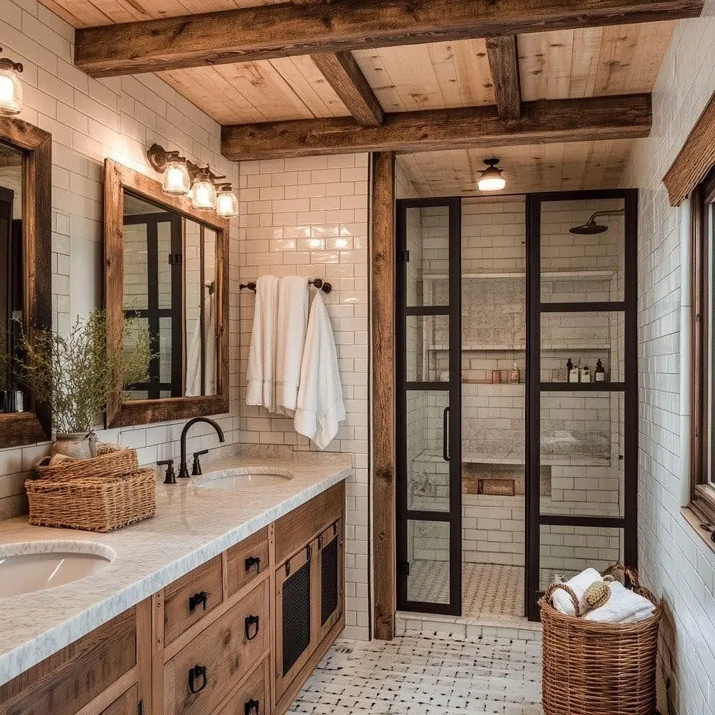 Rustic industrial bathroom with reclaimed wood beams, white subway tile walls, double sink vanity, black metal shower doors, and warm farmhouse lighting.