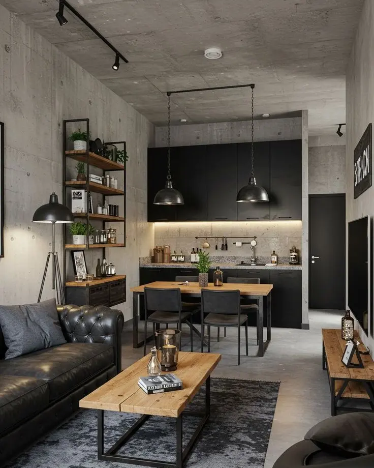 Industrial chic apartment interior featuring a concrete ceiling and walls, black kitchen cabinets, open shelving, metal pendant lights, leather sofa, and wood furniture in a modern urban living space.