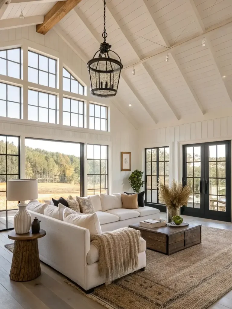 A spacious living room with large windows, a white sectional sofa, wooden coffee table, neutral decor, and vaulted ceiling with exposed beams offers an inviting industrial farmhouse style while overlooking a scenic outdoor view.