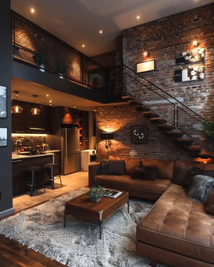 Industrial chic living room in a modern loft featuring exposed brick walls, a brown leather sectional sofa, metal staircase railing, warm ambient lighting, and a rustic wood coffee table in an open-concept urban space.