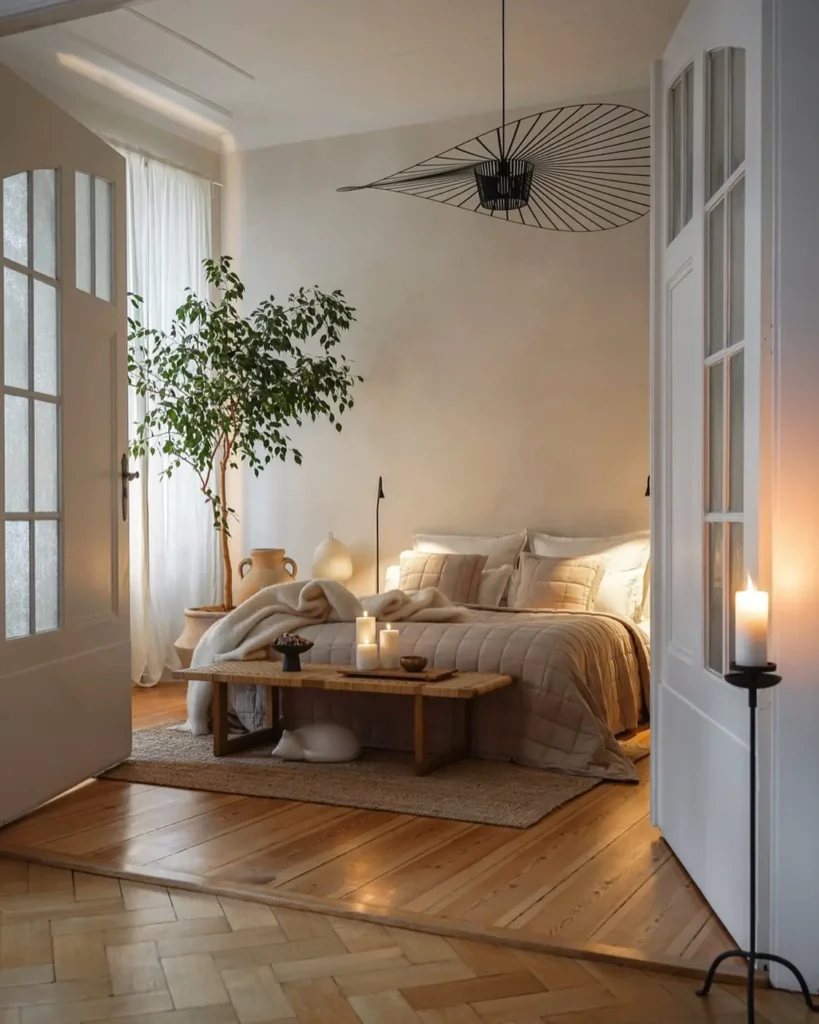 Japandi bedroom with warm wood floors, layered neutral bedding, soft candle lighting, natural textures, and minimalist decor creating a calm, wabi-sabi atmosphere.