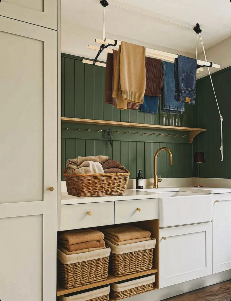 Stylish laundry room with ceiling-mounted hanging drying rack, green beadboard walls, farmhouse sink, brass faucet, built-in cabinetry, and woven basket storage for air-drying clothes.