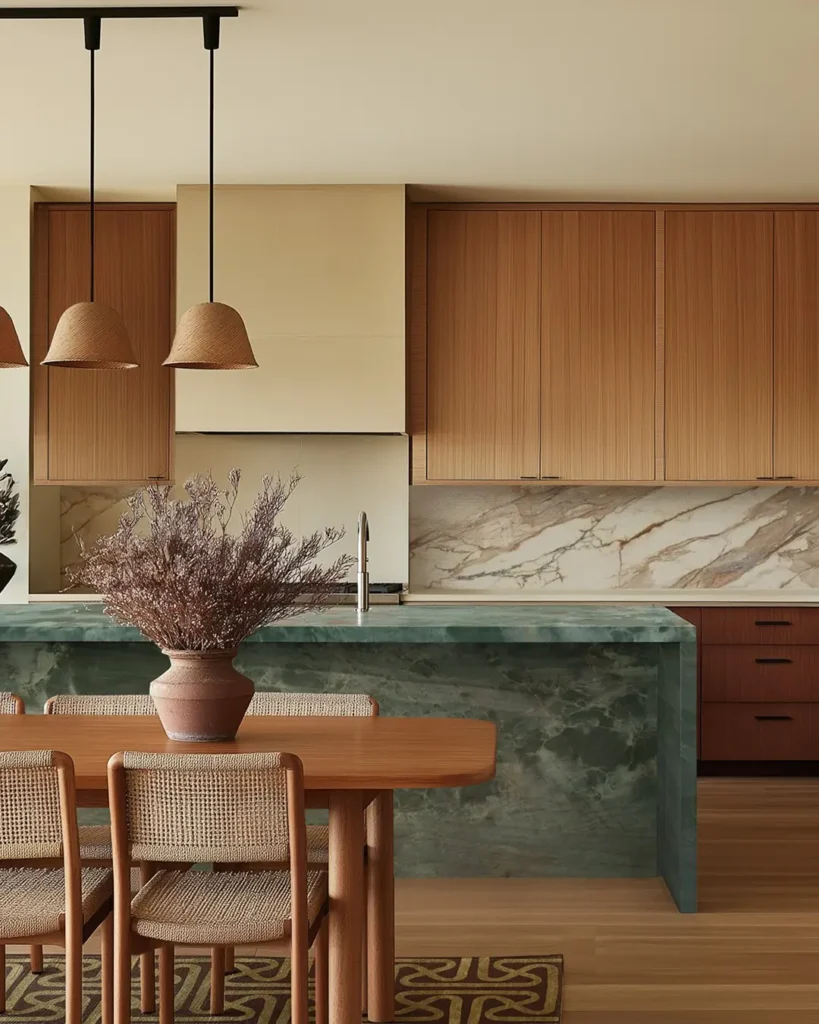 Mid-century modern kitchen with warm wood cabinetry, a green stone island, woven dining chairs, sculptural pendant lighting, and a balanced open-plan layout.