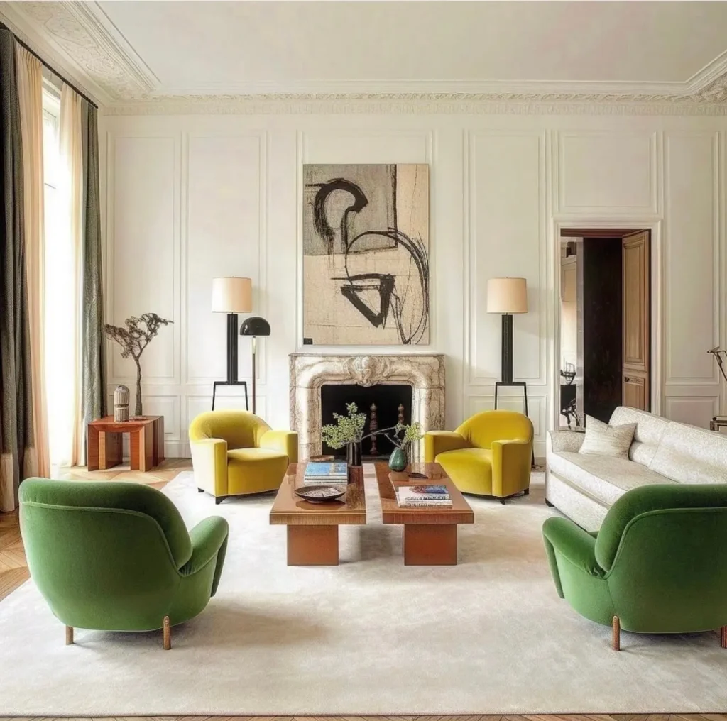 Elegant mid-century modern living room with sculptural green and mustard accent chairs, clean-lined sofas, wood coffee tables, abstract art above a classic fireplace, and a balanced, symmetrical layout.