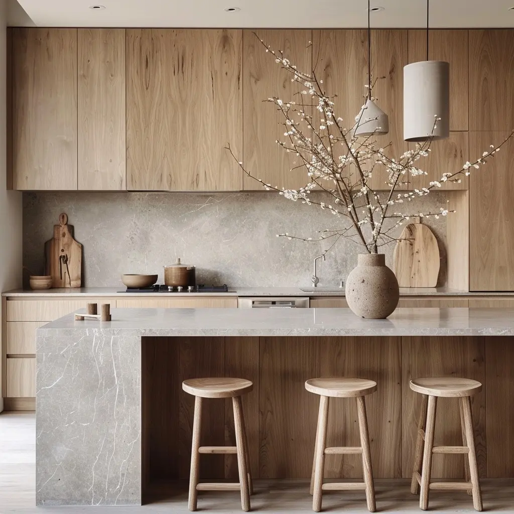 A modern, minimalist kitchen with light wood cabinets, a stone island topped with a vase of flowering branches, and three wooden stools completes the serene space.