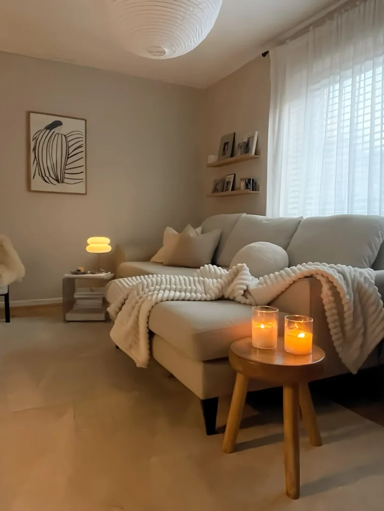 A cozy, minimalist living room with a beige sofa, a striped blanket, two lit candles on a wooden side table, a small lamp, wall art, and sheer curtains letting in soft winter light.