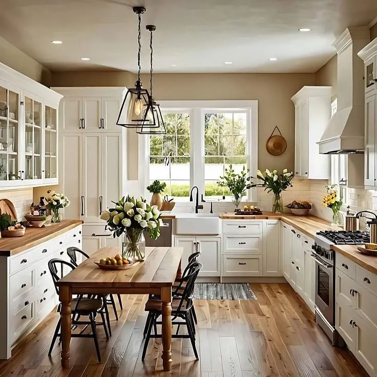 A bright modern cottage kitchen with white cabinets, wood countertops, a farmhouse sink, black chairs around a wooden table, and large windows letting in natural light.