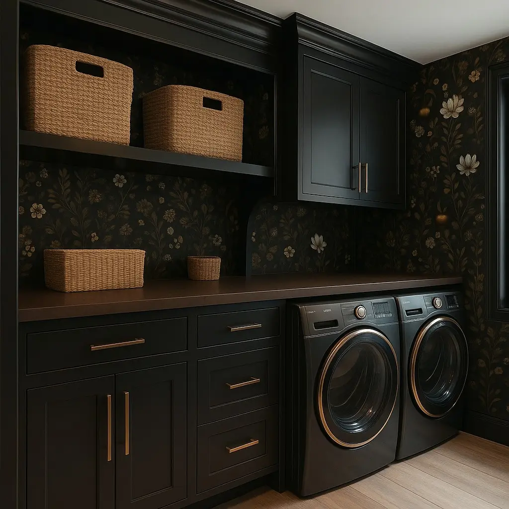 A modern, moody laundry room with black cabinets, wicker baskets, a black countertop, dark floral wallpaper, and a front-loading washer and dryer.