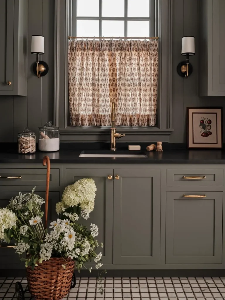 A moody laundry room with sage green cabinets, a black countertop, a gold faucet, glass jars, framed art, and a window with patterned curtains above the sink. Lush plants and a basket of white flowers add freshness to the space.