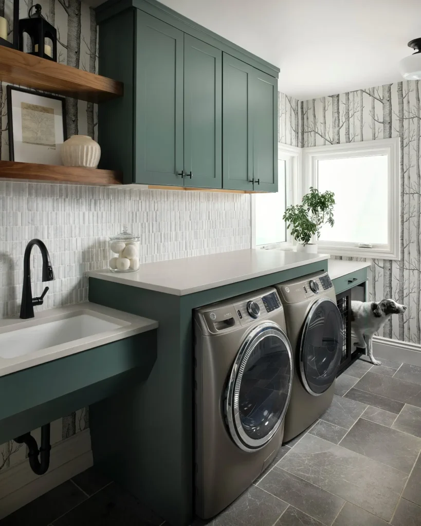 Modern laundry room with green cabinets, nature mural wallpaper, farmhouse sink, stacked washer and dryer, and pet-friendly layout.