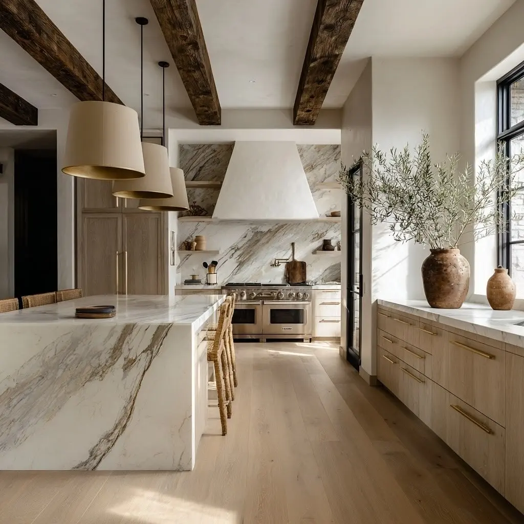 Organic modern kitchen with marble waterfall island, wood ceiling beams, brass hardware, and neutral cabinetry.
