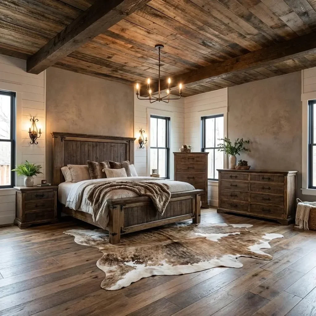 Rustic farmhouse bedroom with a reclaimed wood ceiling, wood bed frame, matching dressers, warm chandelier lighting, shiplap walls, and cozy neutral bedding.
