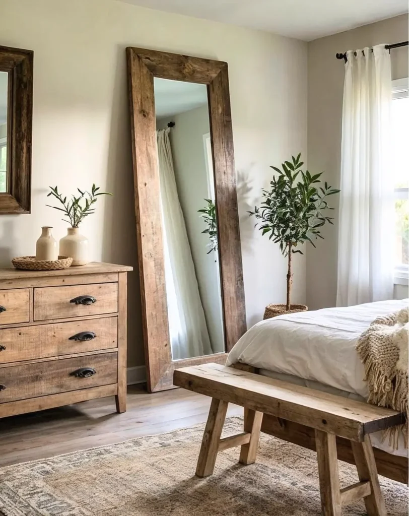 Rustic bedroom decor with a large reclaimed wood floor mirror, farmhouse dresser, wooden bench at the foot of the bed, neutral bedding, and soft natural light.