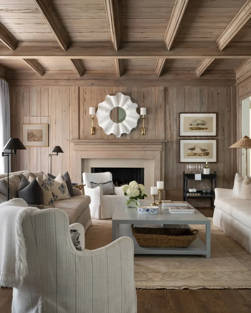 A rustic living room with wood-paneled walls and ceiling, beige sofas, a white armchair, a coffee table with a basket, a fireplace, and framed art on the walls.
