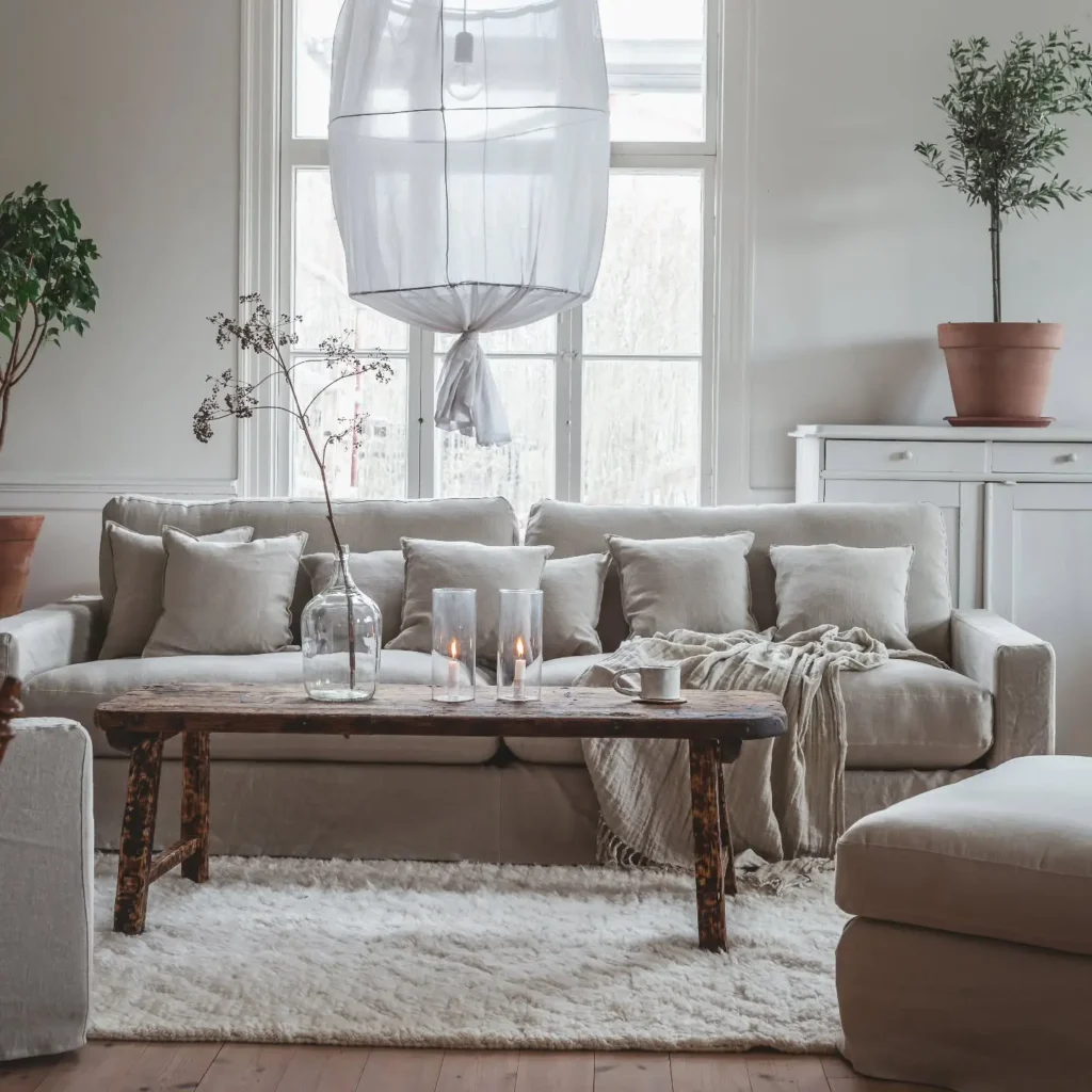 A Scandinavian-inspired living room features a beige sofa with cushions, a rustic wooden coffee table, candles, vases, and potted plants, all bathed in natural light streaming through a large window.