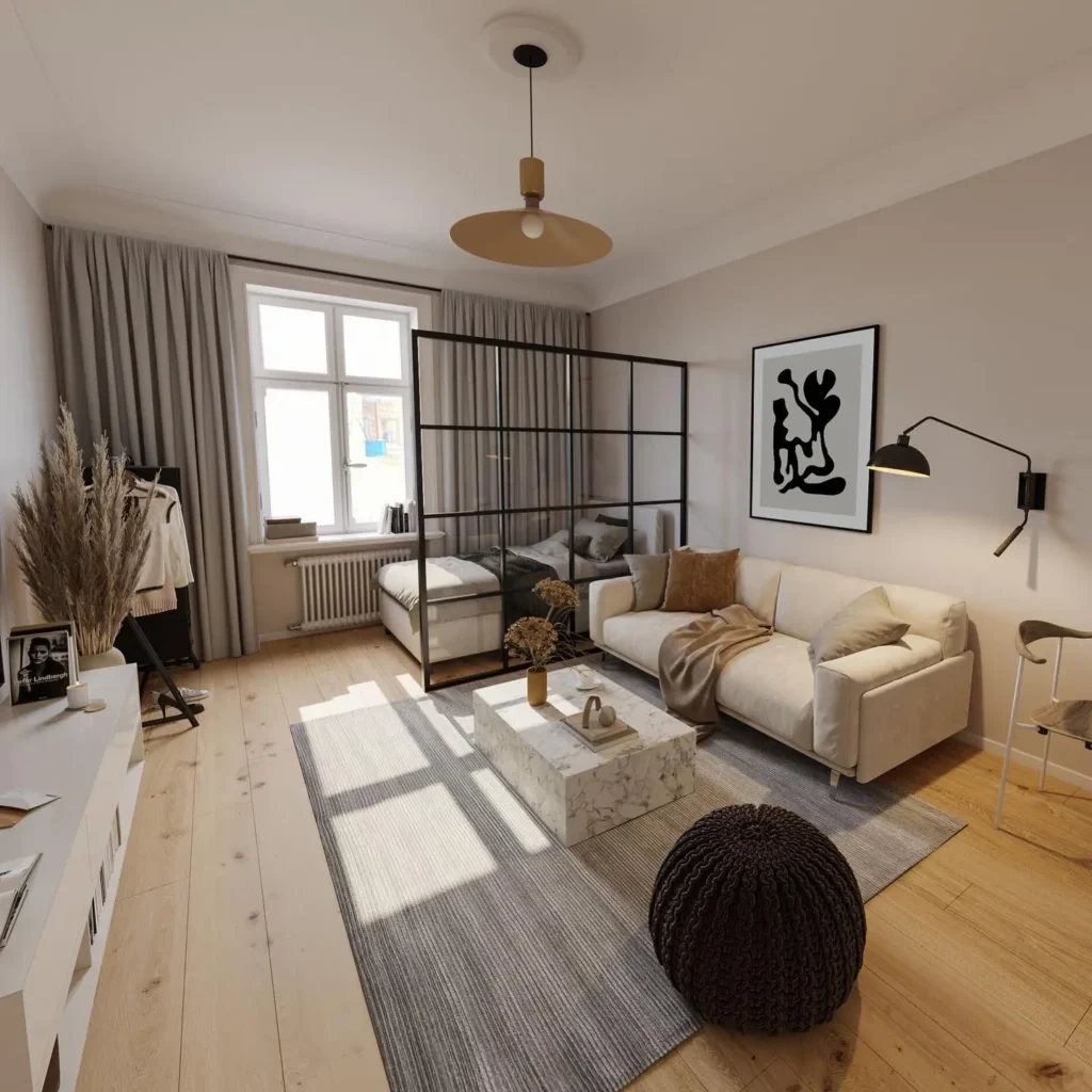 A modern living room with light wood flooring, a beige sofa, a marble coffee table, and a black-framed glass divider showcases minimalist decor in neutral tones, perfect for those seeking studio apartment layout ideas.