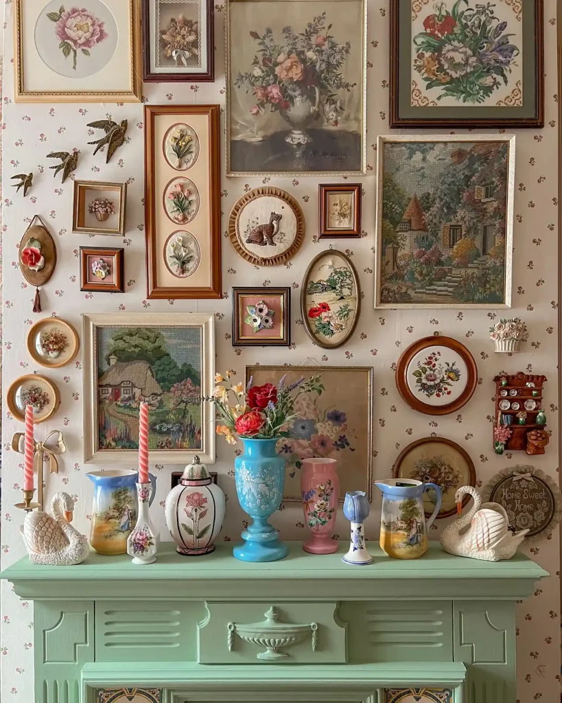 A pastel green mantel with assorted floral ceramics and candles sits below a gallery wall with vintage frames and art, featuring embroidery, framed florals, and charming retro decor.