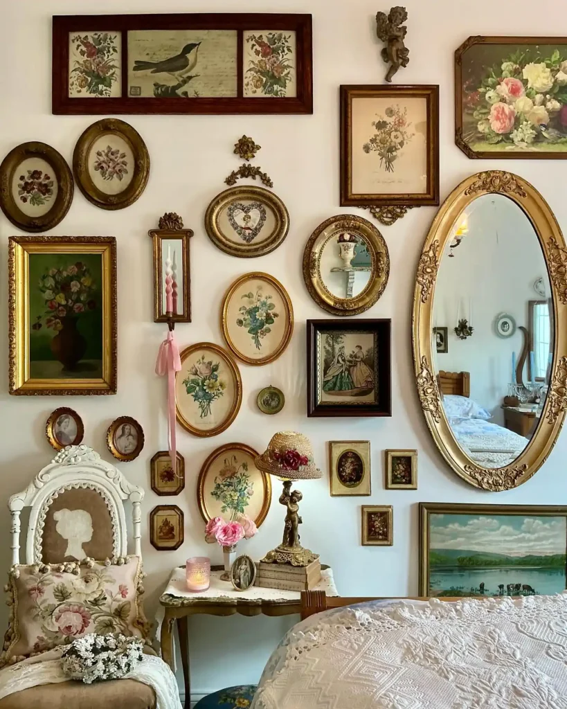 A bedroom gallery wall features ornate vintage framed paintings and embroideries, a vintage chair, a side table with flowers, and a large oval mirror reflecting part of the room.