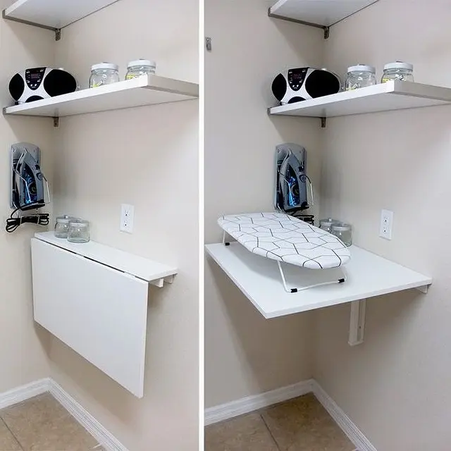 Wall-mounted fold-down ironing board and compact folding station with floating shelves, creating a space-saving laundry room solution ideal for small homes and tight utility spaces.