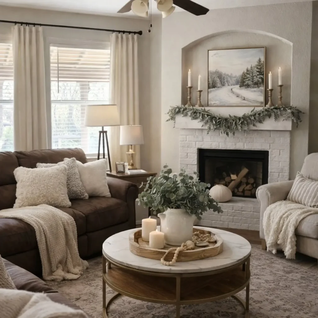 A cozy living room with a brown sofa, armchair, round coffee table, fireplace with candles and greenery, neutral decor, and a winter landscape painting above the mantel.