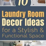 Laundry room decor ideas collage with patterned wallpaper, floating shelves, woven storage baskets, front-load washer and dryer, and built-in cabinetry.