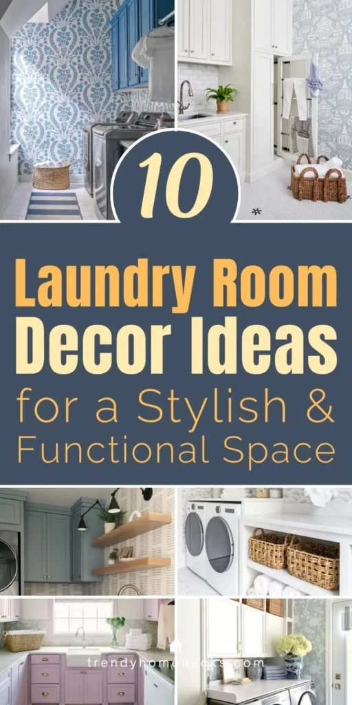 Laundry room decor ideas collage with patterned wallpaper, floating shelves, woven storage baskets, front-load washer and dryer, and built-in cabinetry.