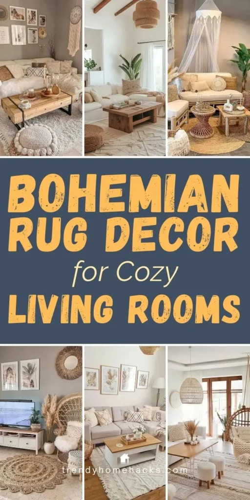 Bohemian rug decor for cozy living rooms with layered neutral rugs, woven accents, and natural wood furniture.