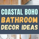 Coastal boho bathroom decor ideas featuring rattan vanity, round mirror, light blue tile, and natural textures.