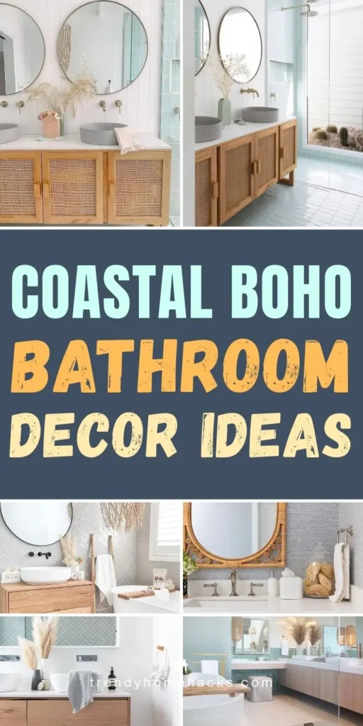 Coastal boho bathroom decor ideas featuring rattan vanity, round mirror, light blue tile, and natural textures.