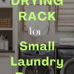 Drying rack for small laundry rooms mounted above front-load washer and dryer with built-in shelving and storage.
