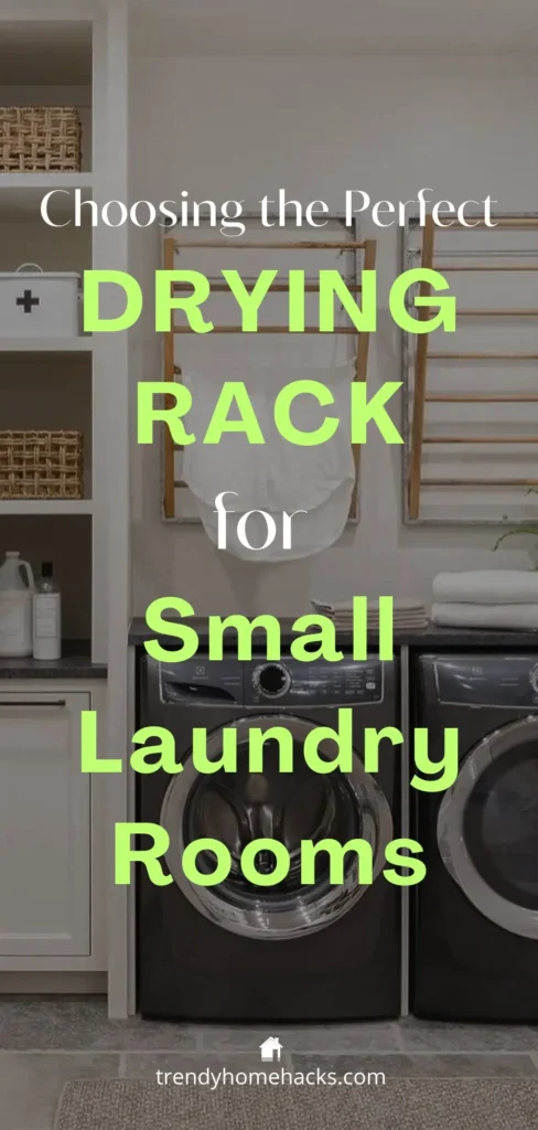 Drying rack for small laundry rooms mounted above front-load washer and dryer with built-in shelving and storage.