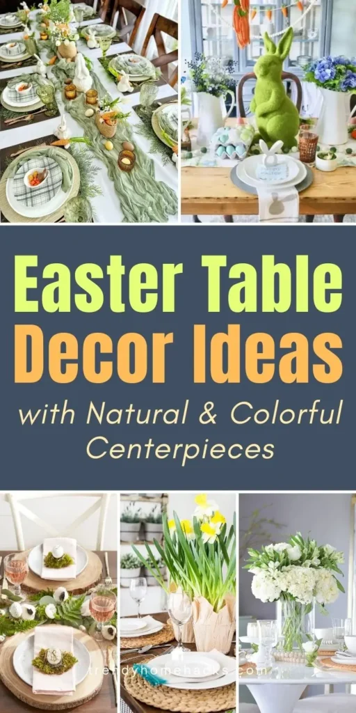 Easter table decor ideas with natural and colorful centerpieces, featuring moss bunny, pastel eggs, greenery runners, and spring floral arrangements.
