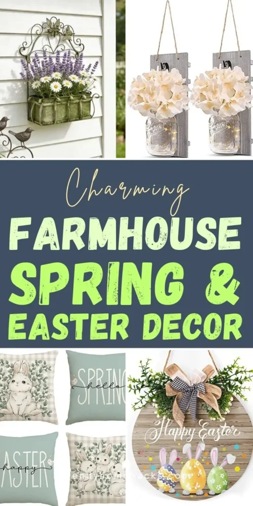 Farmhouse spring and Easter decor ideas featuring rustic wall planters, mason jar floral sconces, bunny pillows, and wooden Happy Easter door sign.