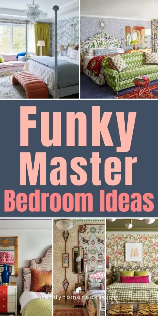 Funky master bedroom ideas featuring bold wallpaper, colorful bedding, and eclectic layered decor.