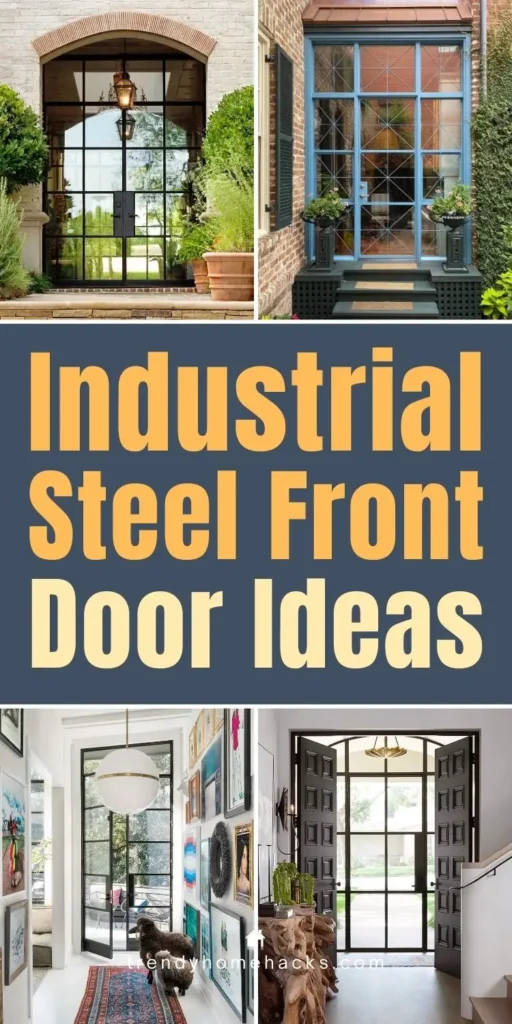 Industrial steel front door ideas with black grid glass doors, arched entryways, and modern farmhouse exteriors.