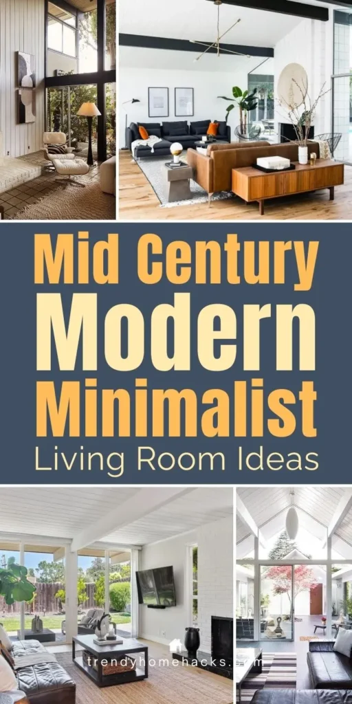 Mid century modern minimalist living room ideas with clean lines, leather sofa, large windows, and neutral wood accents.