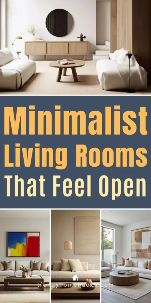 Minimalist living rooms that feel open with neutral sofas, clean lines, simple decor, and uncluttered layouts.