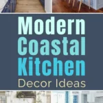 Modern coastal kitchen decor ideas collage featuring white kitchens, blue cabinets, woven bar stools, marble islands, and light beach-inspired finishes.