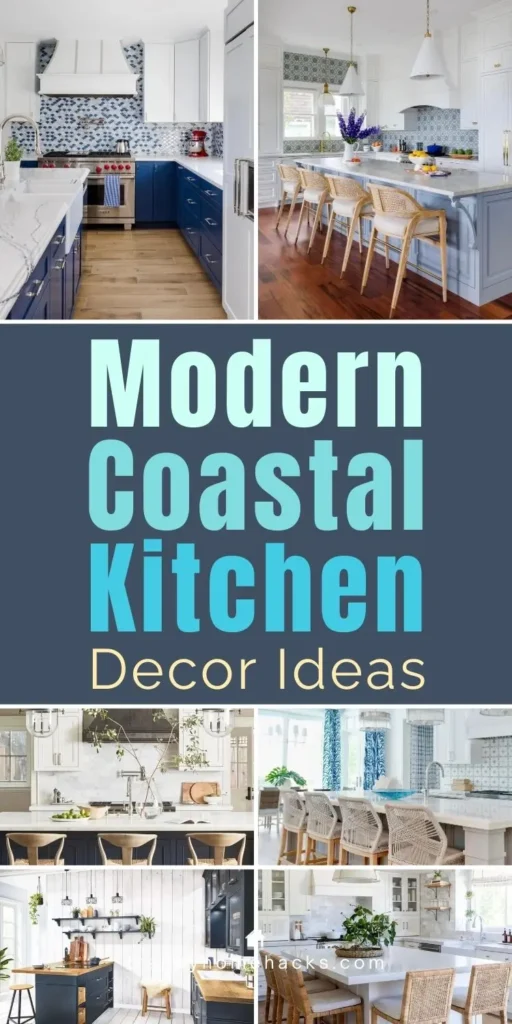 Modern coastal kitchen decor ideas collage featuring white kitchens, blue cabinets, woven bar stools, marble islands, and light beach-inspired finishes.